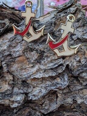Gold Anchor Cross Enamel Charms - Cream & Red